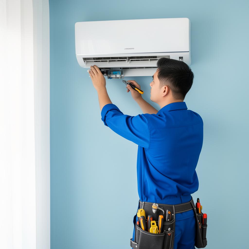 Professional AC technician servicing air conditioner in Palwal